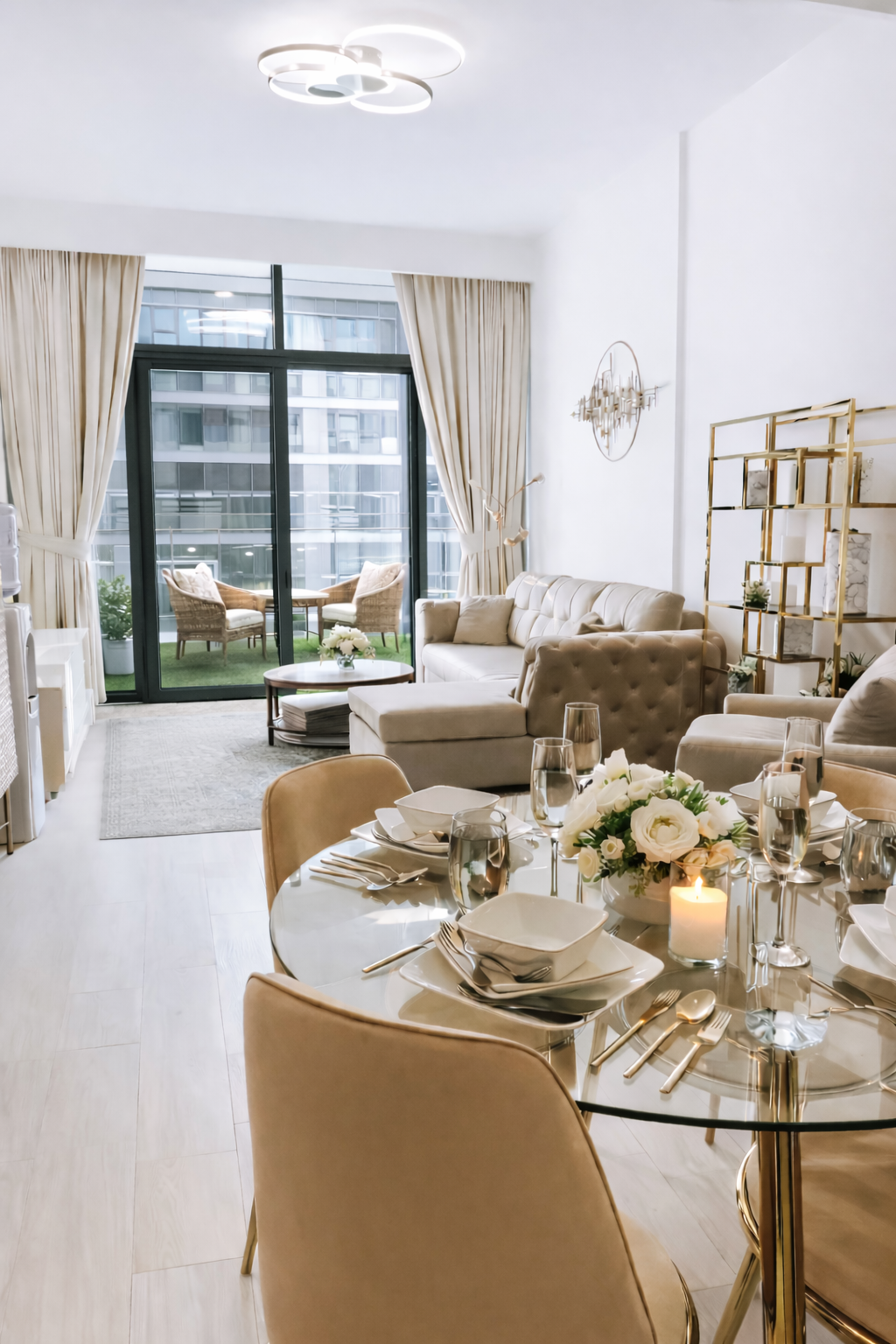 Celestis Apartment - Dining Table with Living Room and Balcony